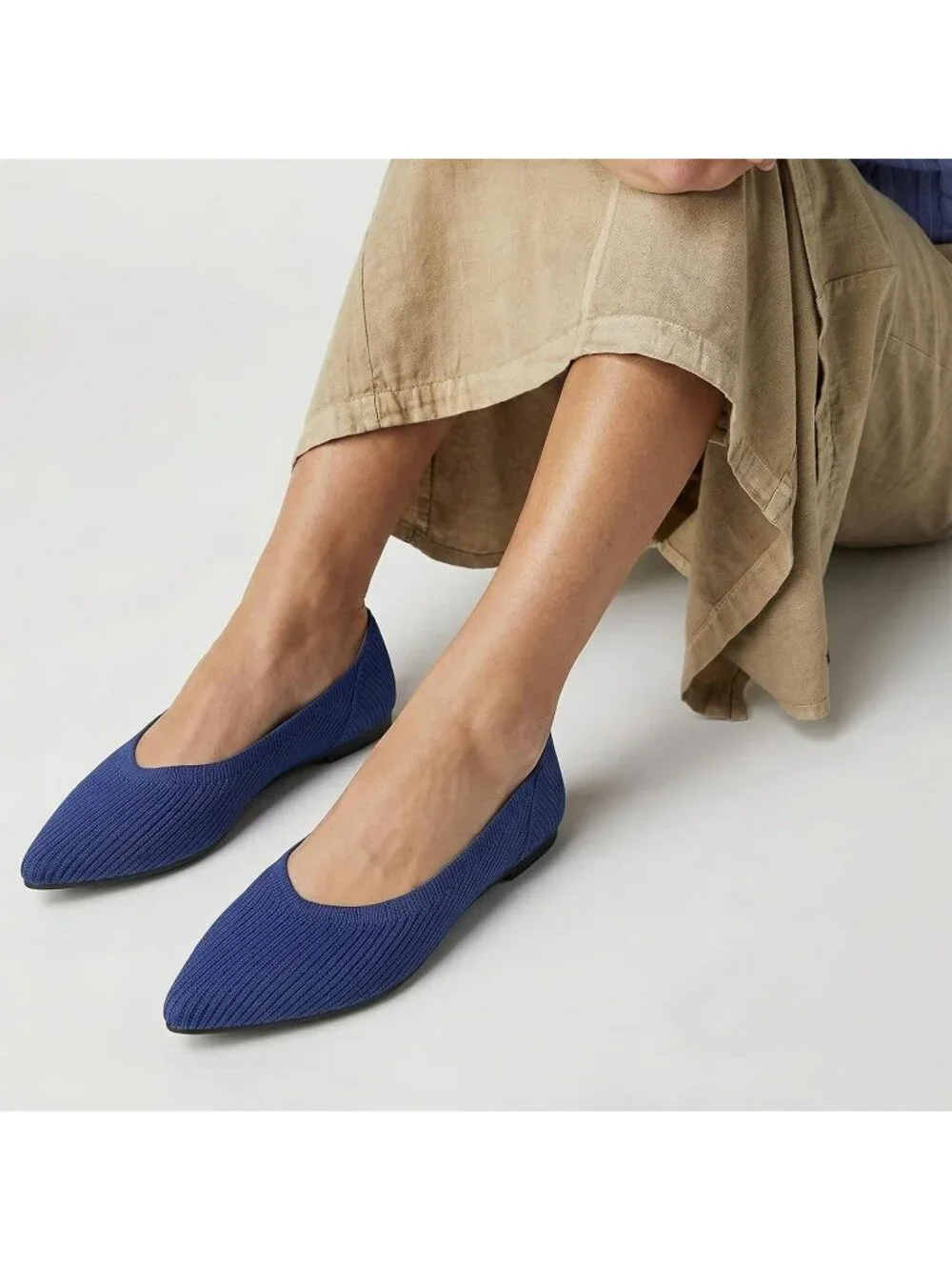 Women's Navy Blue Pointed Toe Comfort Foldable Slip On Knit Ballet Flat Shoes